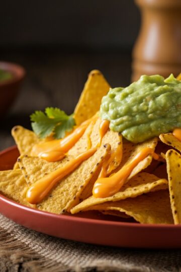 Nachos com Queijo Cheddar e Molho de Guacamole